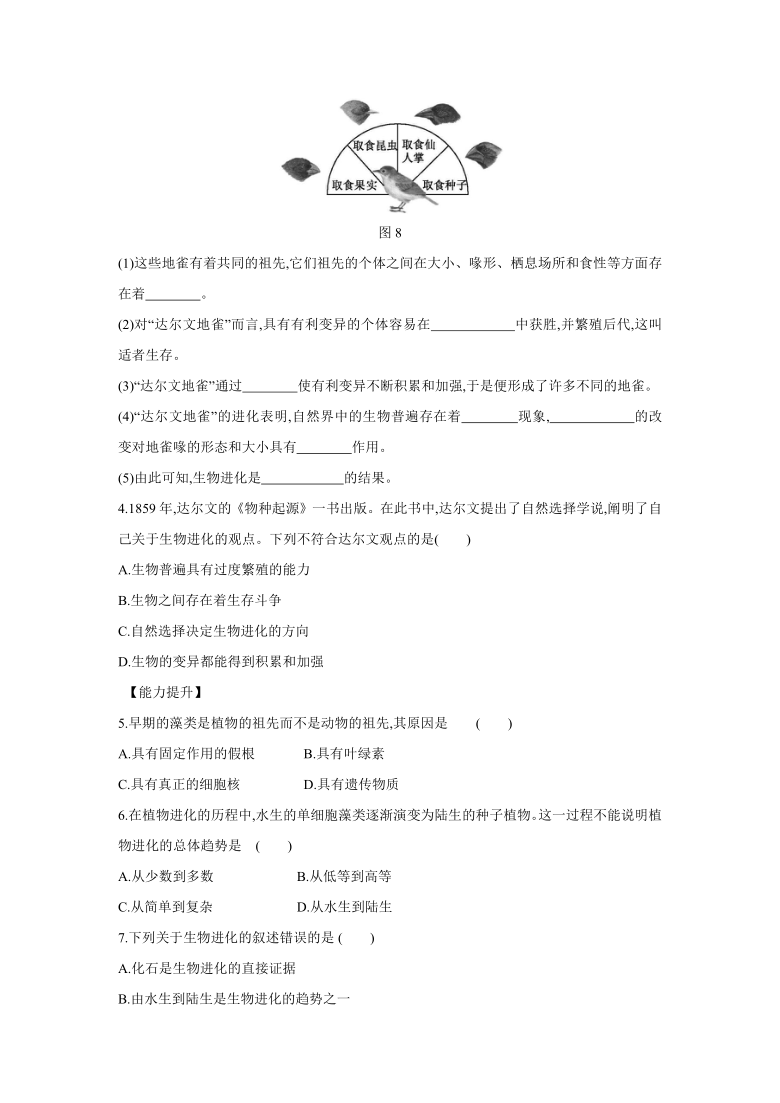 2021——2022学年北京版八年级生物上册12.2 生物进化的历程及原因(第2课时)同步练习 (word版含答案）