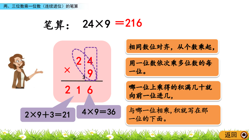 人教新课标三年级上册数学 6.2.3 两、三位数乘一位数（连续进位）的笔算课件(共14张ppt)