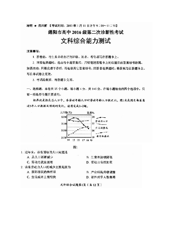 四川省绵阳市2019届高三第二次（1月）诊断性考试文综试题（图片版）