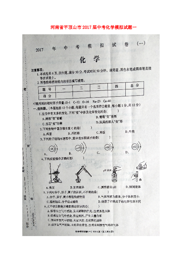 河南省平顶山市2017届中考化学模拟试题一（图片版，含答案）