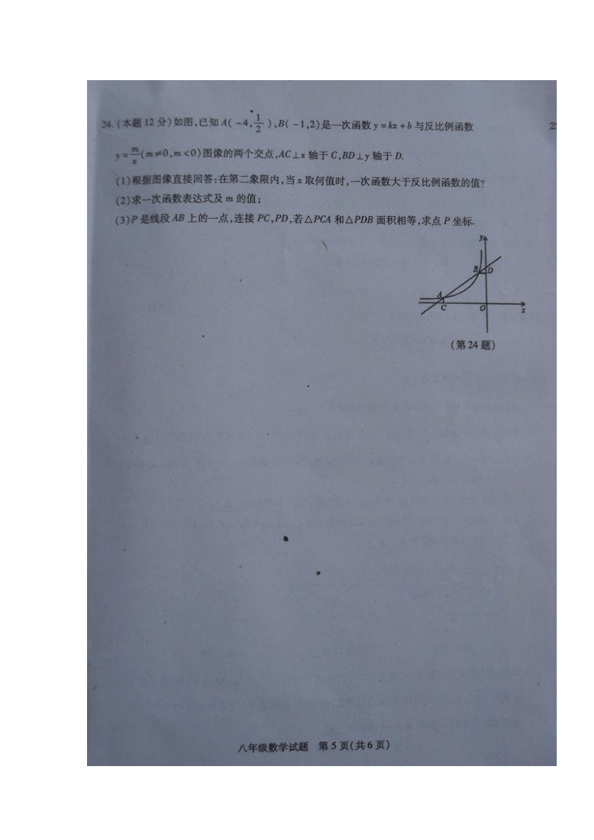 江苏省沛县2016-2017学年八年级下学期期末考试数学试题（图片版，含答案）