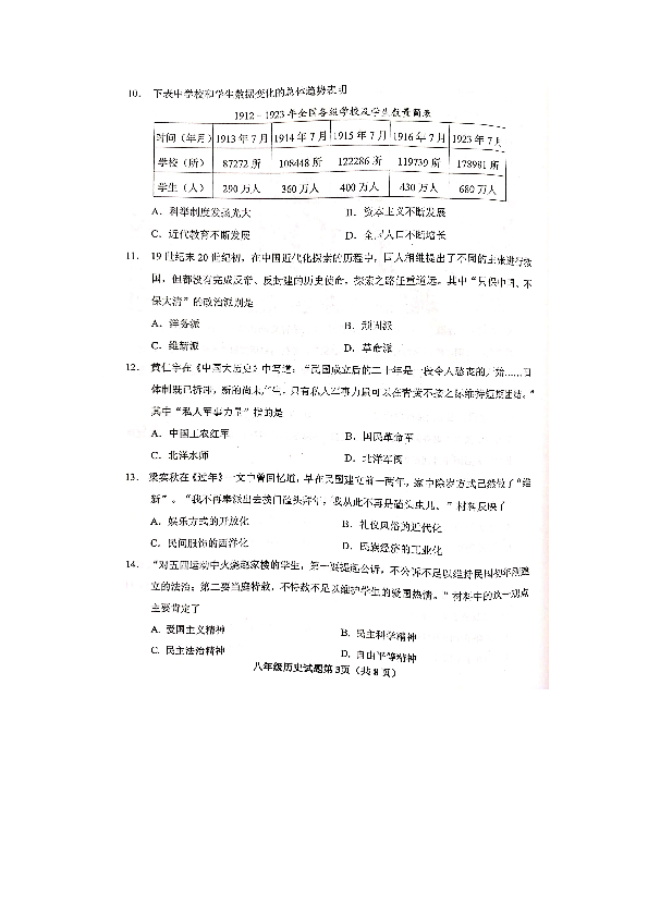 山东省青岛胶州市、平度区2019-2020学年八年级上学期期末考试历史试题（图片版含答案）