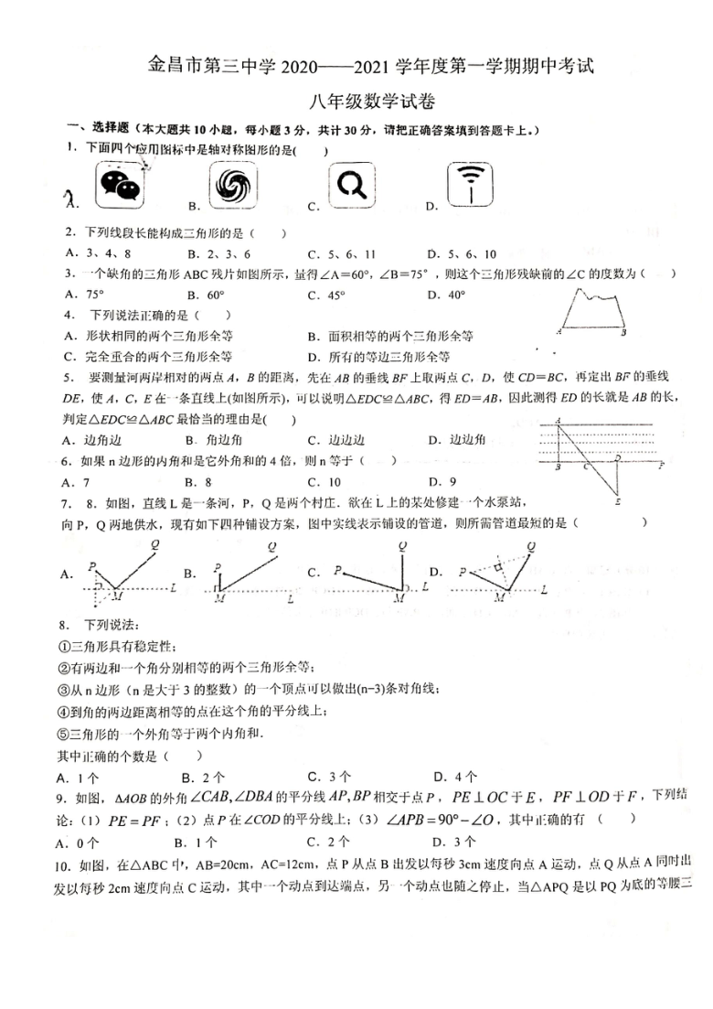 甘肃省金昌市第三中学2020-2021 学年度第一学期期中考试八年级数学试卷（图片版，无答案）