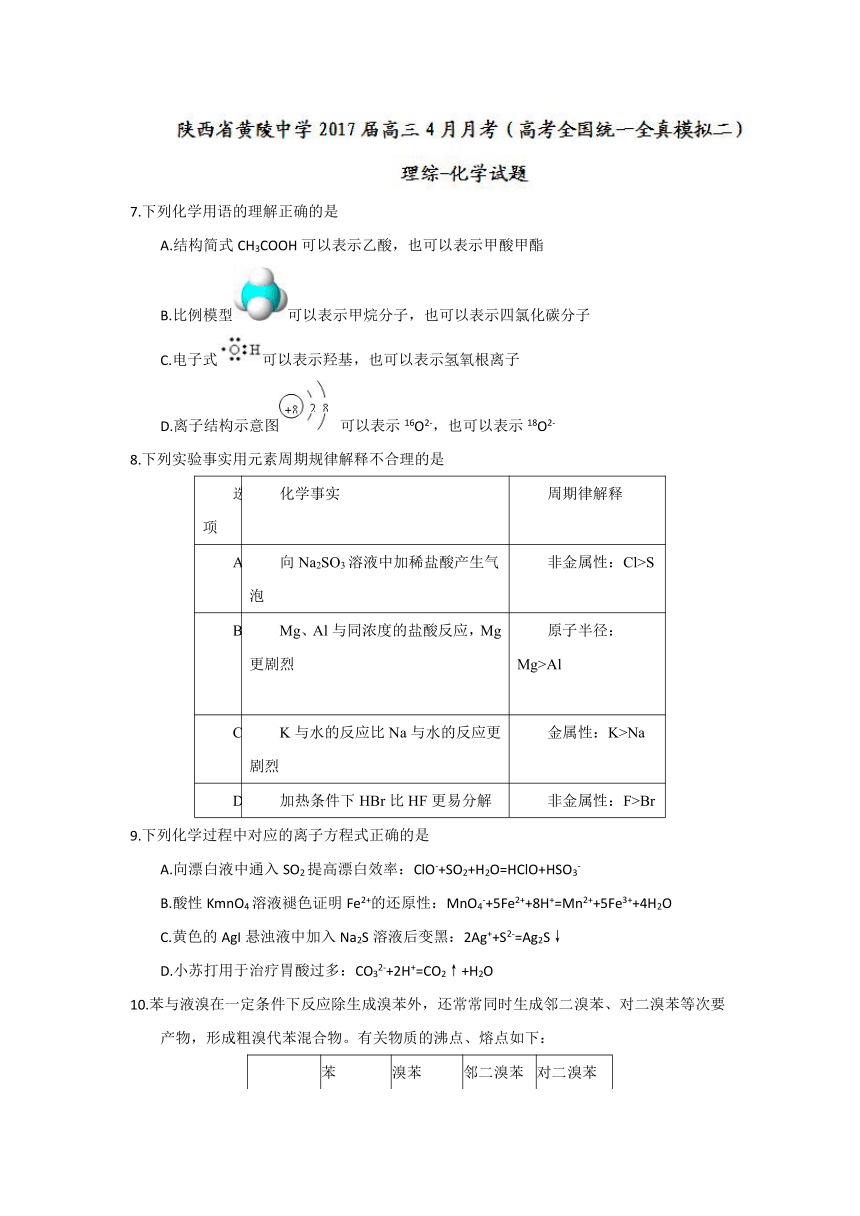 陕西省黄陵中学2017届高三4月月考（高考全国统一全真模拟二）理综-化学试题 Word版含答案