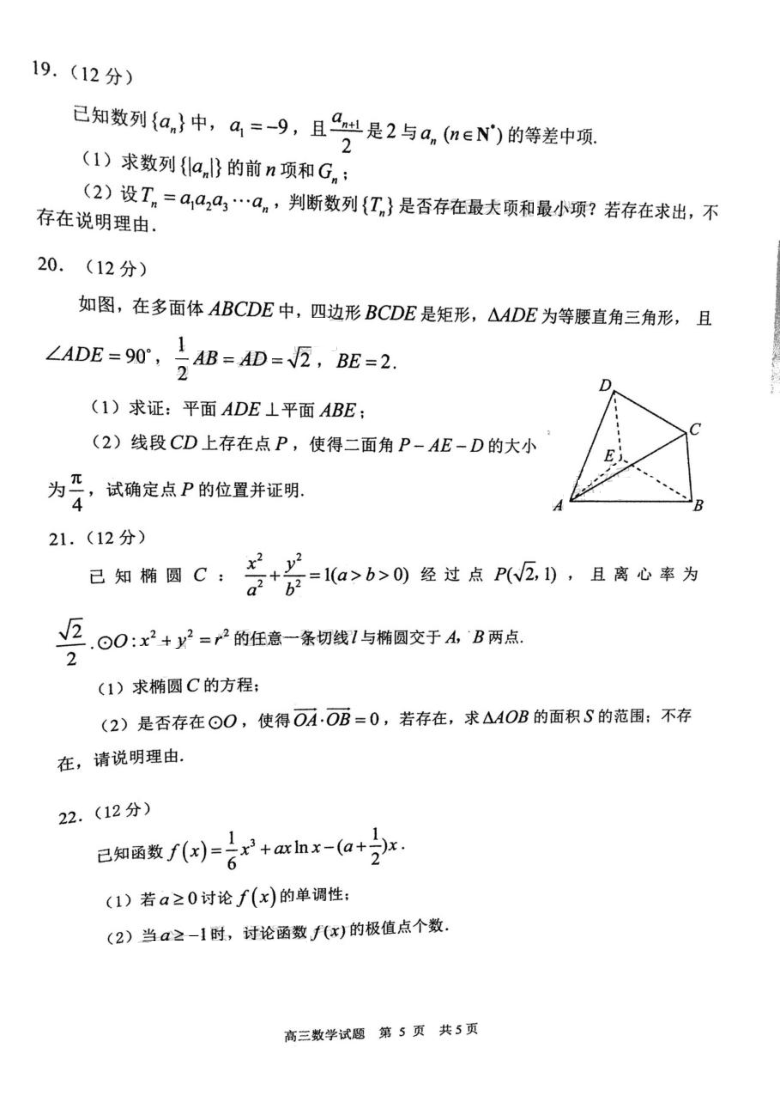 山东省日照市2021届高三下学期5月校际联考（二模）数学试卷PDF版答案