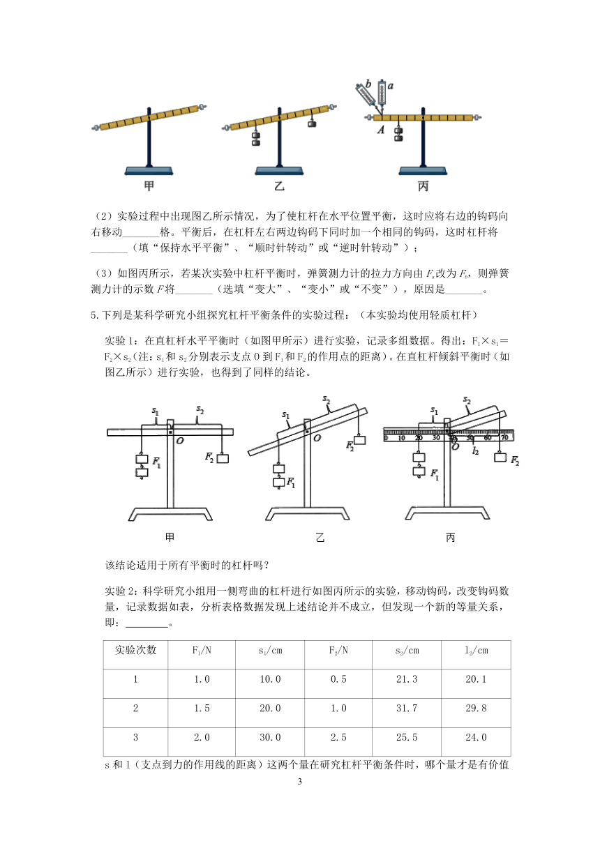 期末备考浙教版九年级上科学核心考点特训十一杠杆平衡条件的探究word