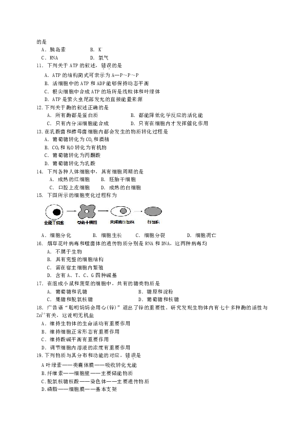 北京市平谷区2018-2019学年高一上学期期末质量监控生物试题