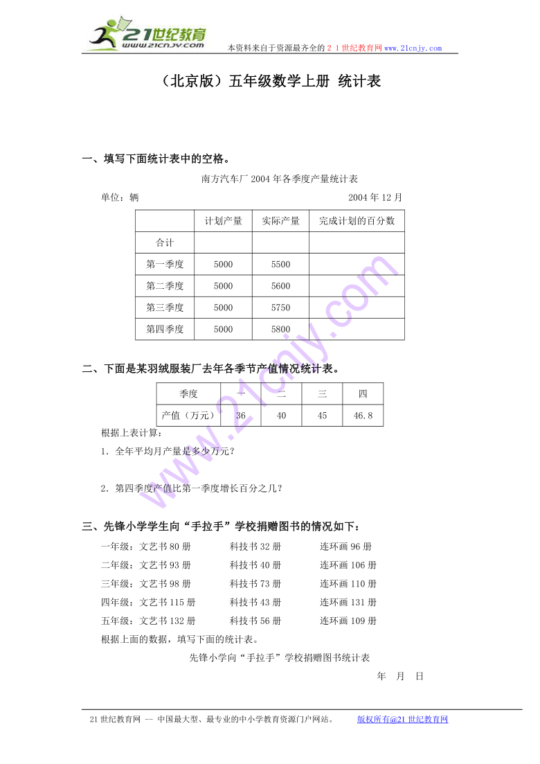 五年级数学上册 统计表（北京版）