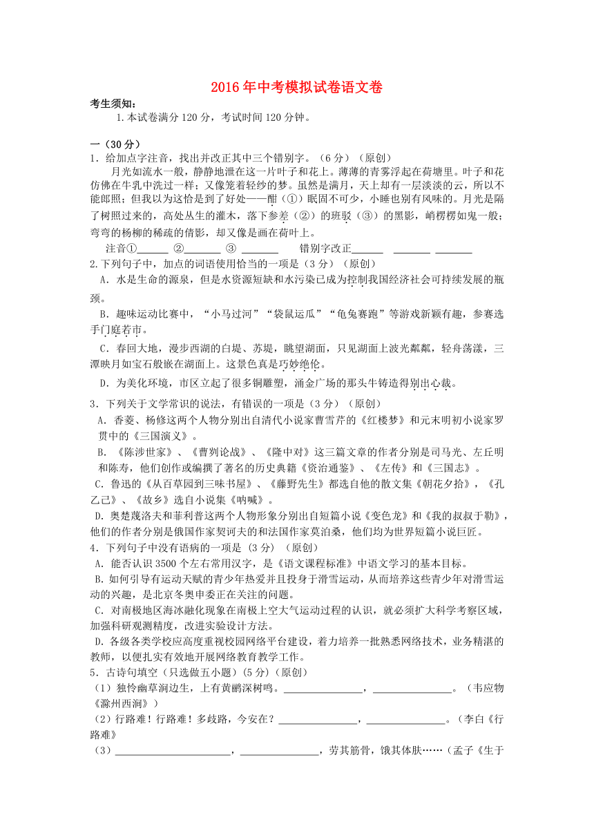 浙江省杭州市2016年中考语文模拟命题比赛试卷（含答案） (25)