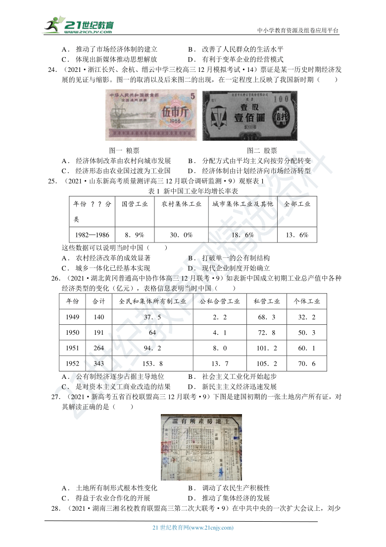 【提分宝典】考点10  中国特色社会主义建设的道路（含答案解析）——2021年高考全国名校最新历史试题荟萃卷（1月）