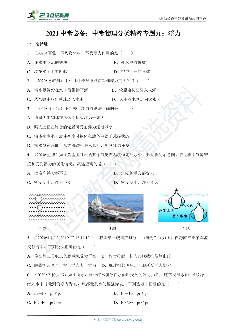 2021中考必备：中考物理分类精粹专题九：浮力 有解析