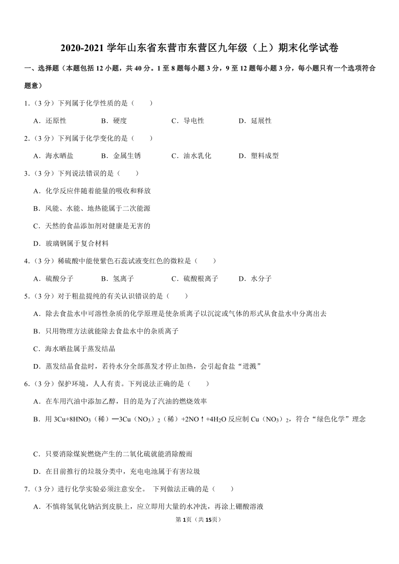 2020-2021学年山东省东营市东营区九年级（上）期末化学试卷（Word+答案解析）