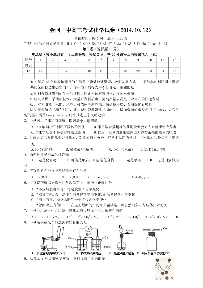 湖南省会同一中2015届高三10月考试化学试题