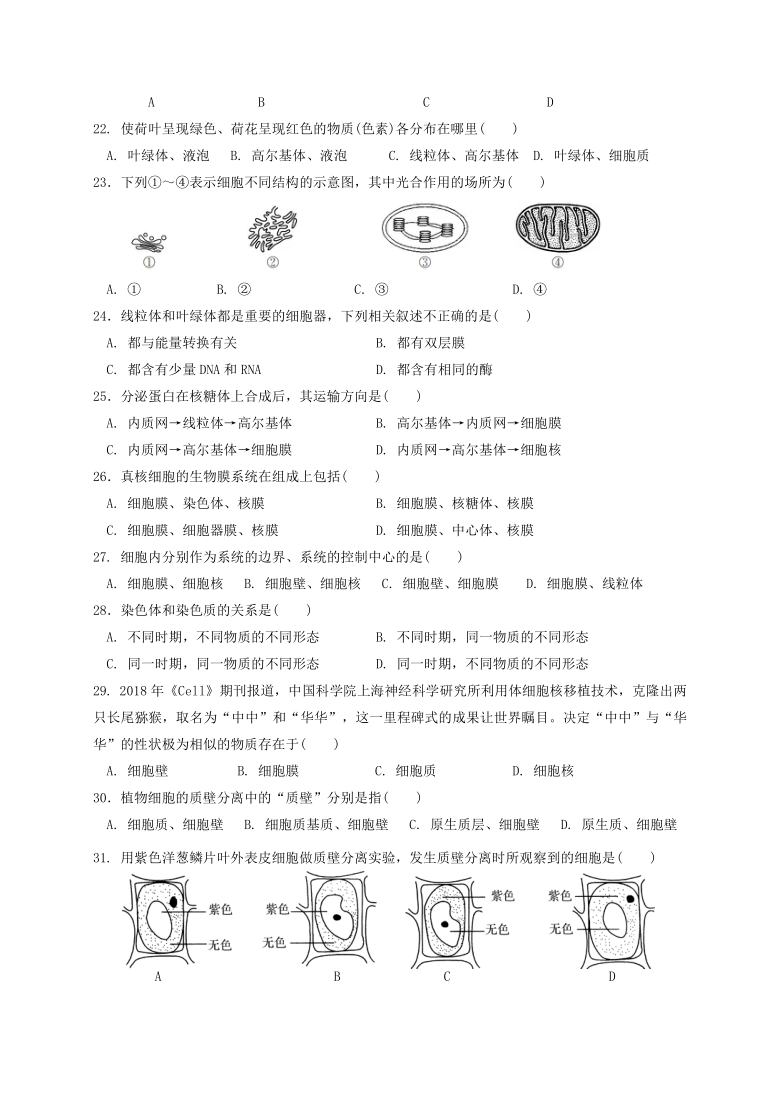 江苏省淮安市高中校协作体2020-2021学年高一上学期期中考试生物试题  含答案