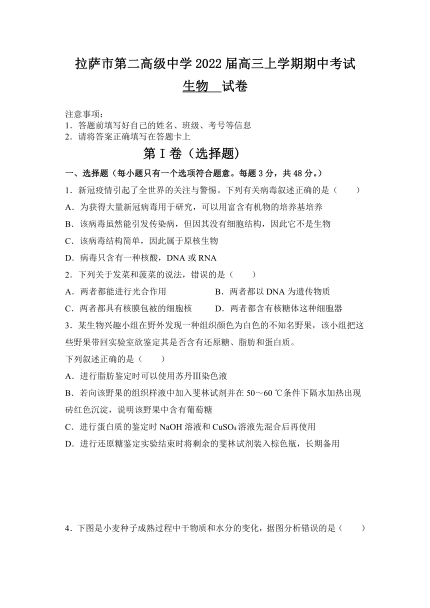 西藏自治区拉萨市第二高级中学2022届高三上学期期中考试生物试卷（Word版含答案）