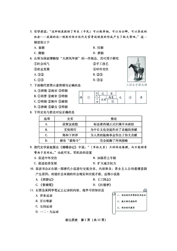 北京市丰台区2020年九年级6月模拟（二模）考试历史试题（PDF版，有答案）