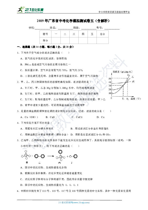 【中考冲刺】2019年广东省中考化学 模拟测试卷五（含解析）