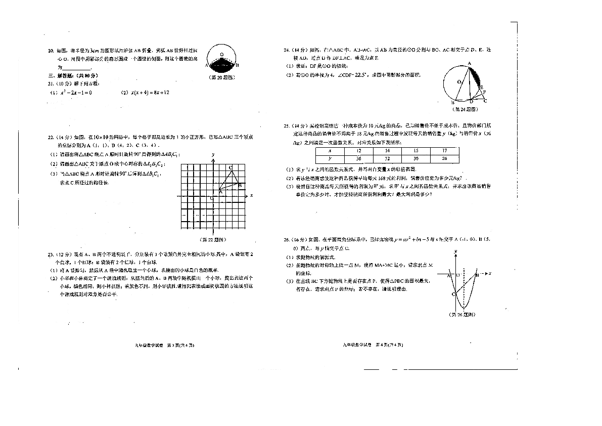 贵州省黔东南州2019-2020学年第一学期九年级数学期末试卷（扫描版，无答案）