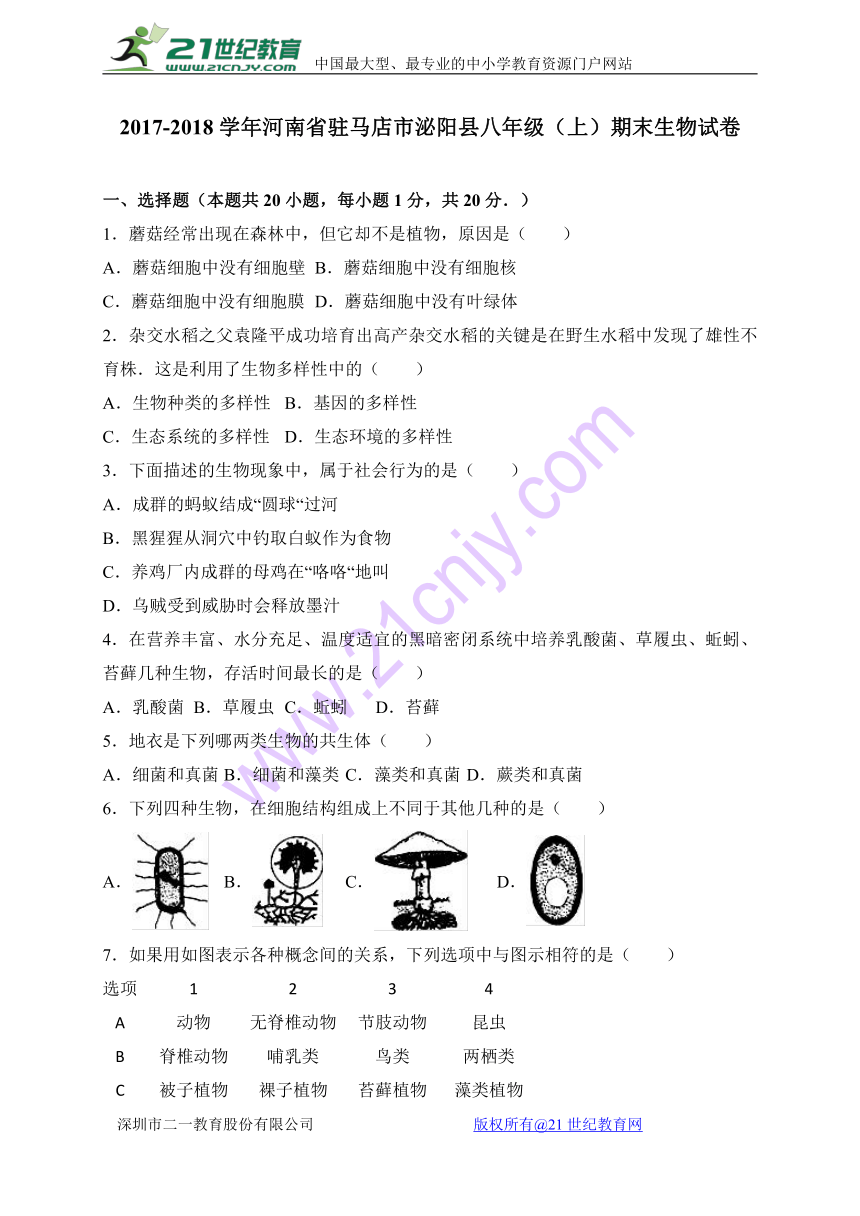 河南省驻马店市泌阳县2017-2018学年八年级上学期期末考试生物试卷（有答案）