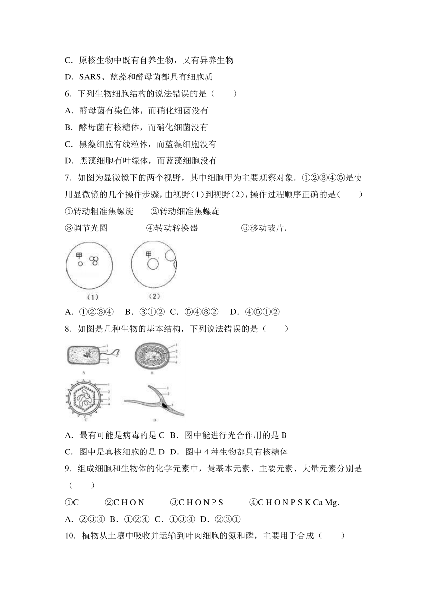 内蒙古鄂尔多斯市西部四校联考2016-2017学年高一（上）期中生物试卷（解析版）