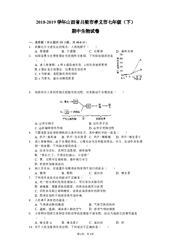 2018-2019学年山西省吕梁市孝义市七年级（下）期中生物试卷（含解析）