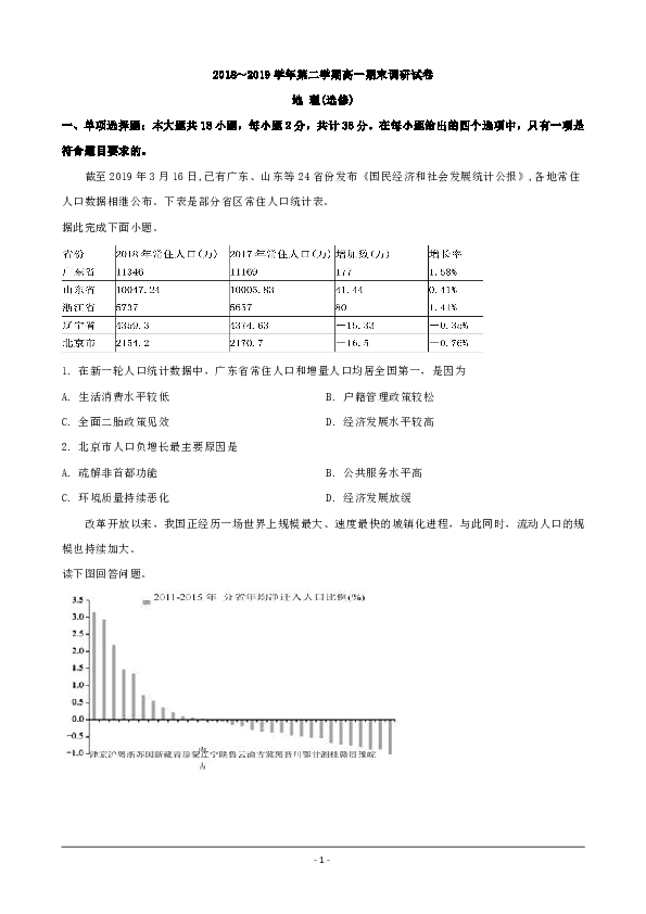 江苏省苏州市2018-2019学年高一下学期期末调研试卷地理（选修）(解析版）