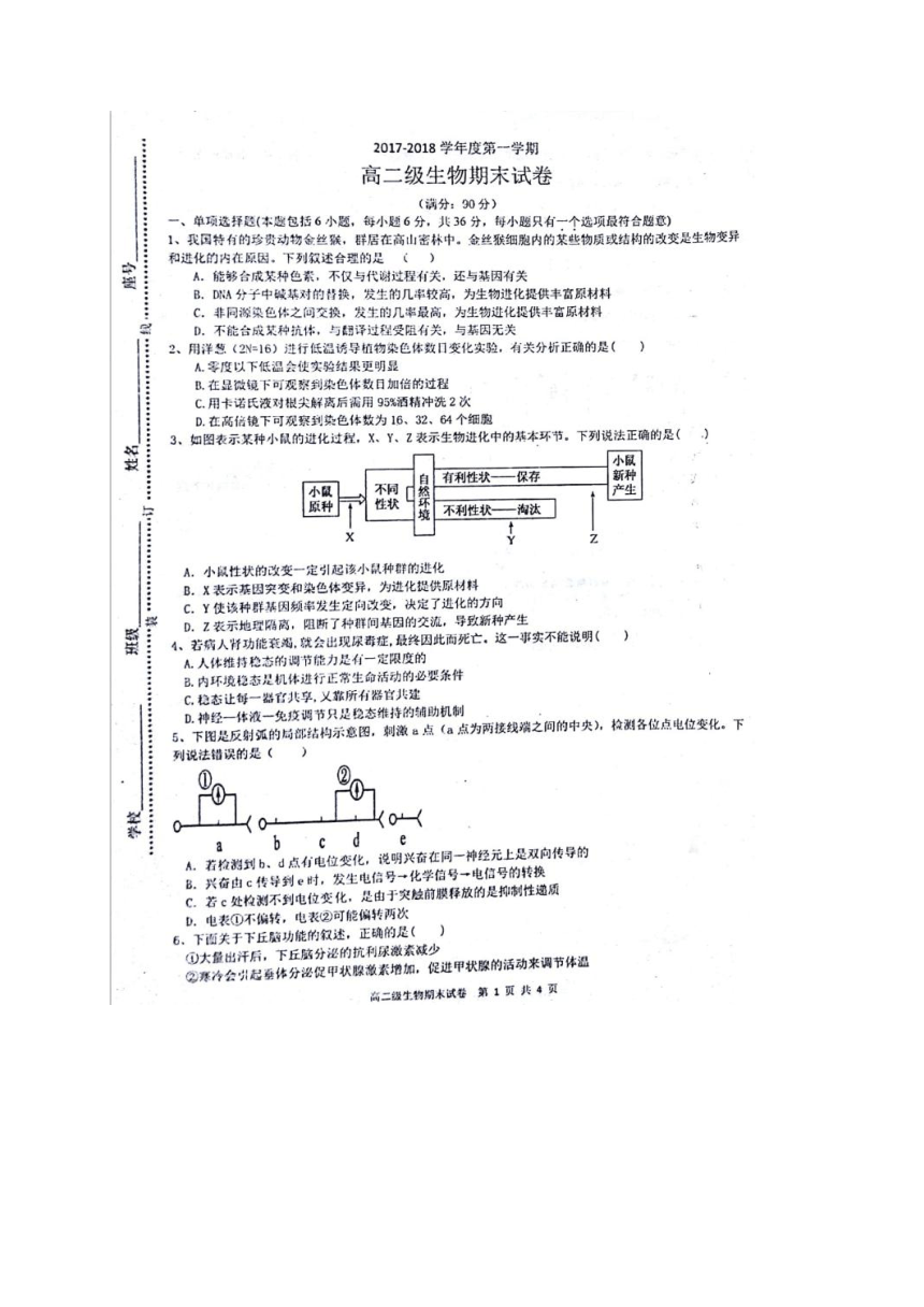 广东省揭阳市第三中学2017-2018学年高二上学期期末考试生物试题（扫描版含答案）