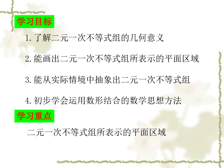 苏教 必修5 第3章 不等式 》 3．3 二元一次不等式组与简单的线性规划问题 3.3.2 二元一次不等式组表示的平面区域（共16张PPT）