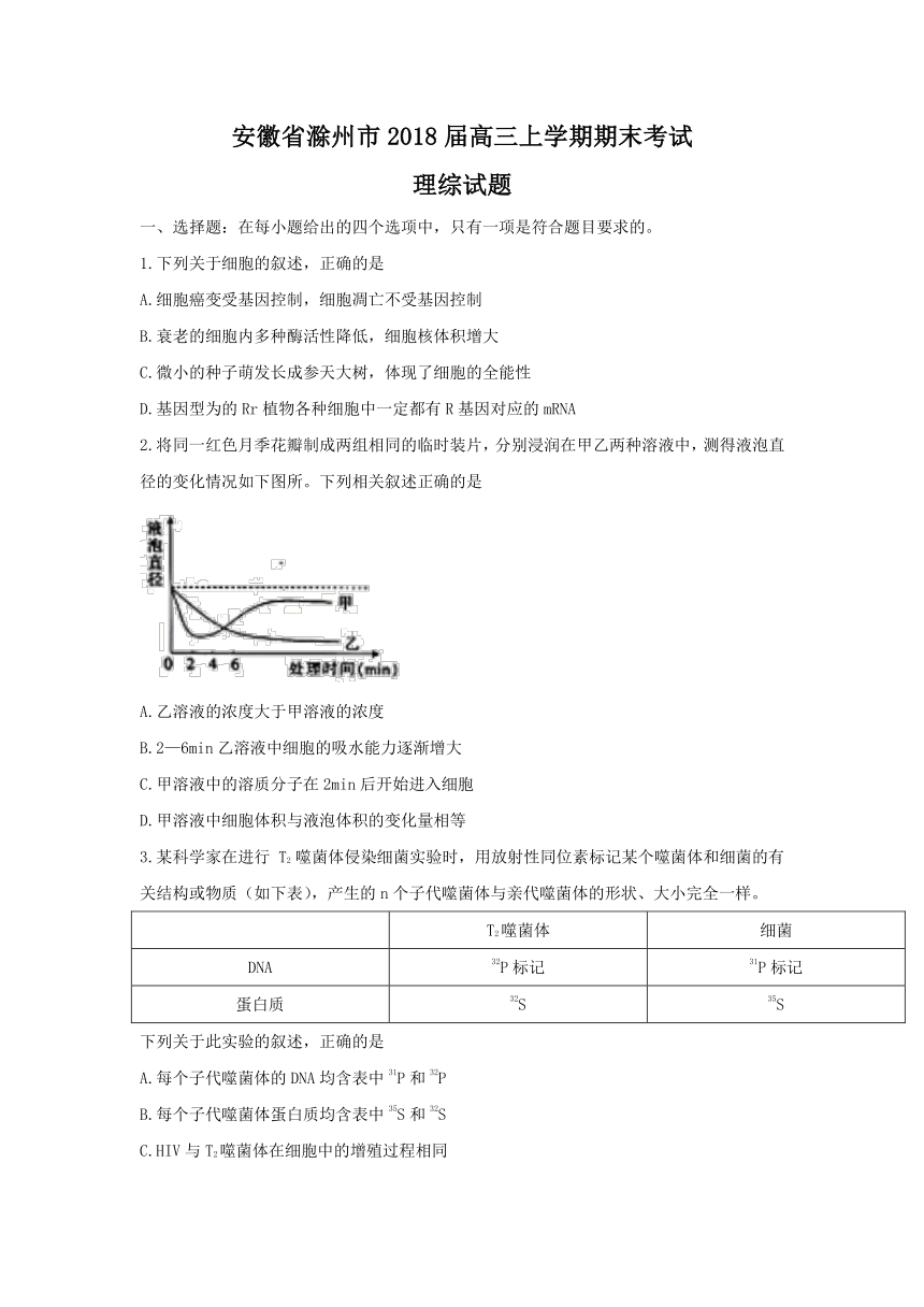 安徽省滁州市2018届高三上学期期末考试理综试题+Word版含答案