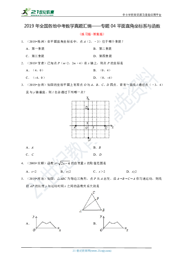 2019年中考数学真题19专题分类汇编04 平面直角坐标系与函数（练习版+解析版）