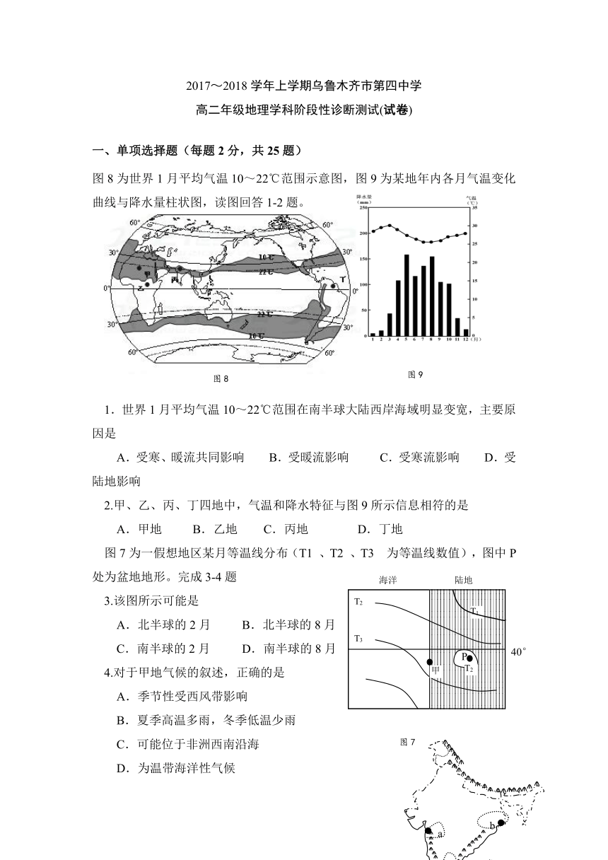 新疆乌鲁木齐市第四中学2017-2018学年高二上学期期中考试地理试题