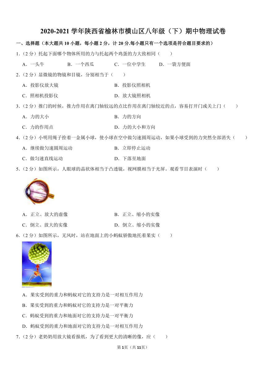 2020-2021学年陕西省榆林市横山区八年级（下）期中物理试卷（word版含答案）