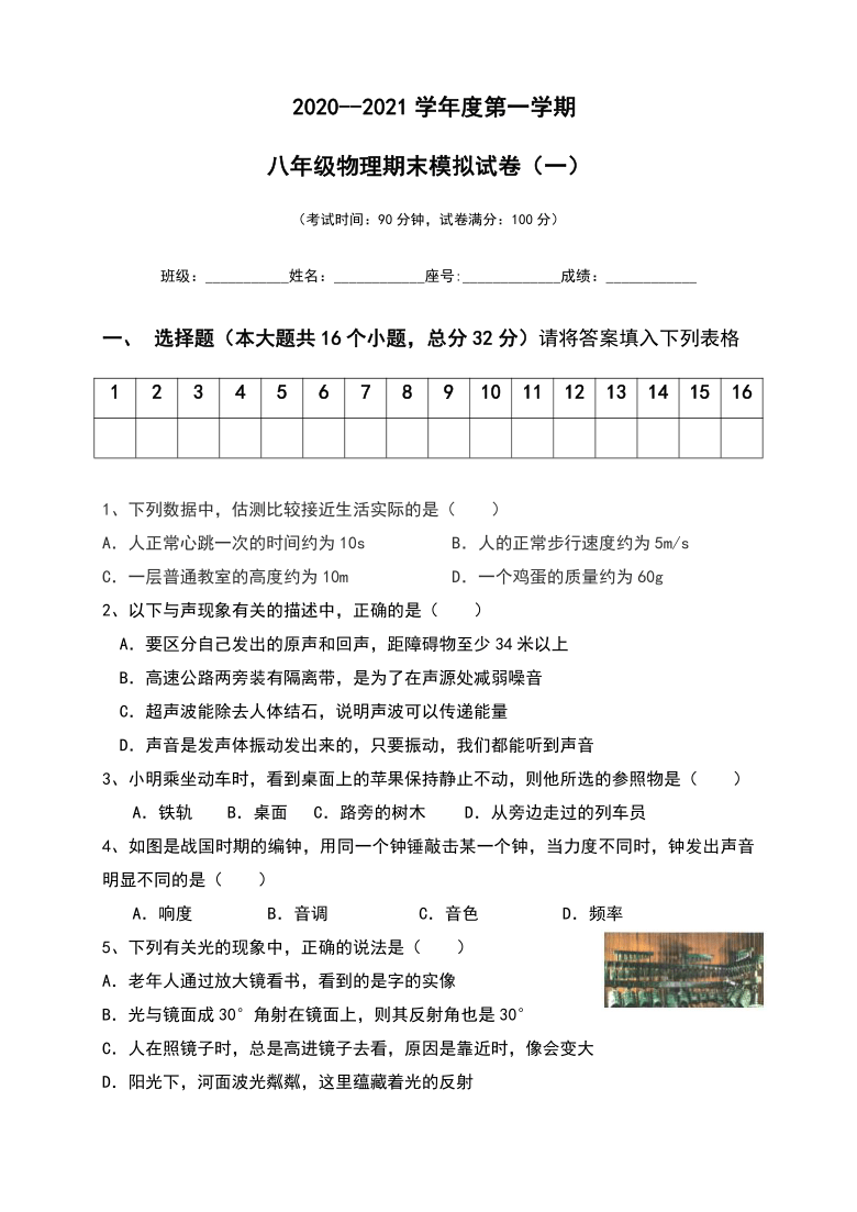 福建省福州市2020-2021学年八年级上学期物理沪科版期末模拟（含答案）