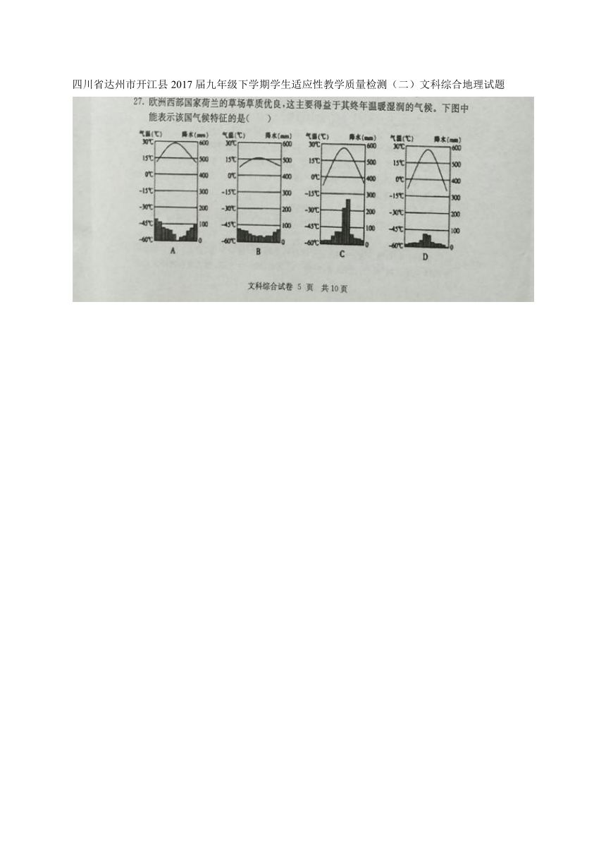 四川省达州市开江县2017届九年级下学期学生适应性教学质量检测（二）文科综合地理试题（图片版）