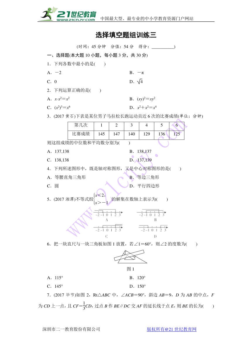 2018年广东省中考数学总复习选择填空题组训练（3）含答案