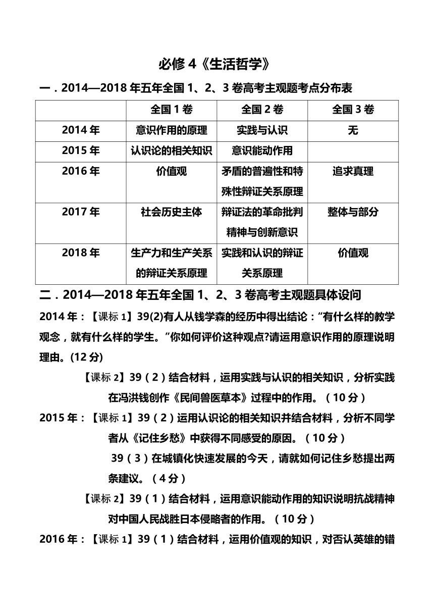 人教版高考政治2014—2018年五年全国I、II、III卷高考生活与哲学主观题