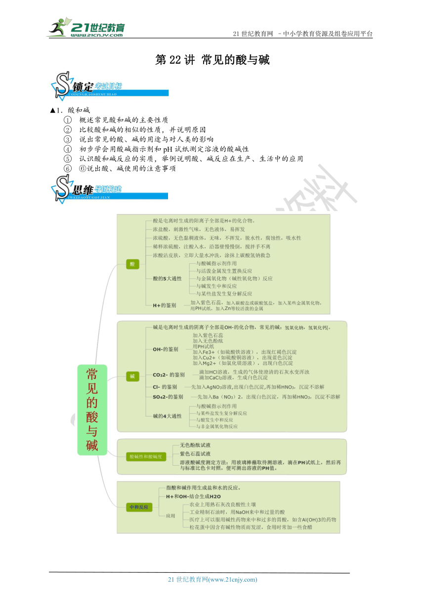 【备考】华师大版科学中考二轮复习 第二十二讲 常见的酸与碱（真题+模拟题）.doc