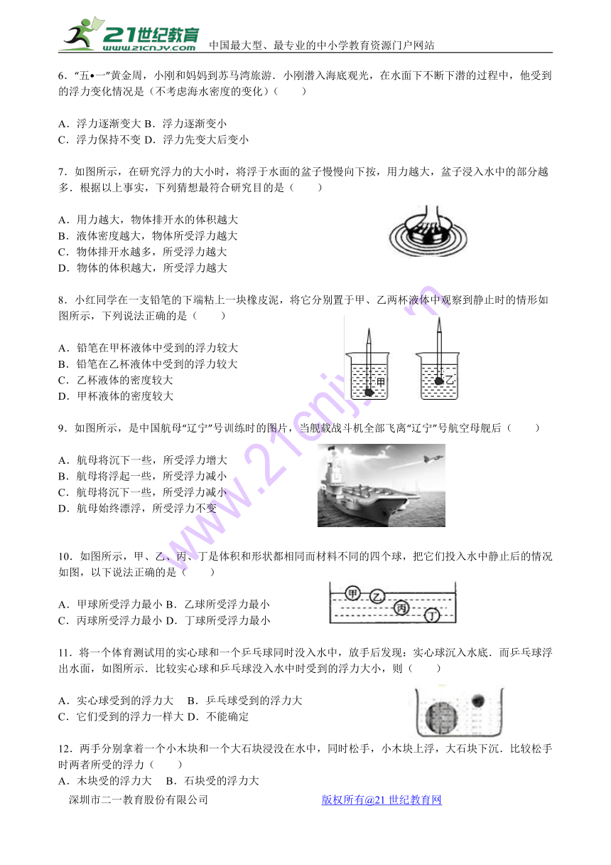沪科版初中物理8年级浮力单元测试卷（试卷+答案）