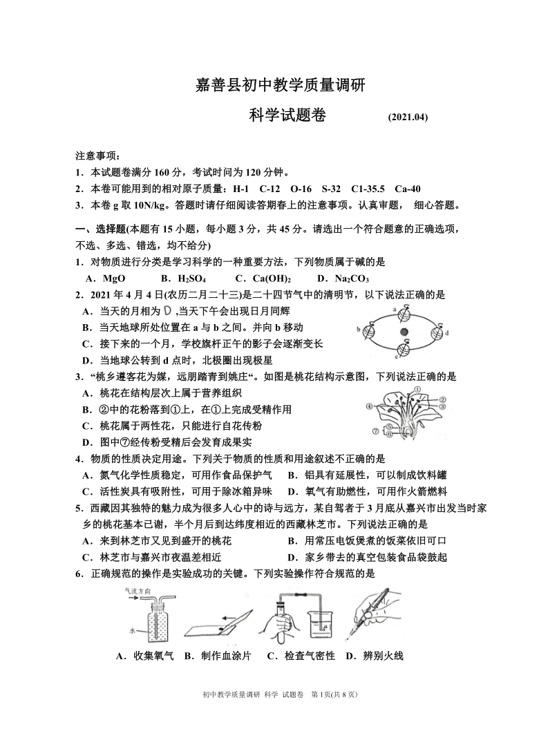 2021年浙江省嘉兴市嘉善县初中教学质量调研一模科学试卷（word版，有答案）