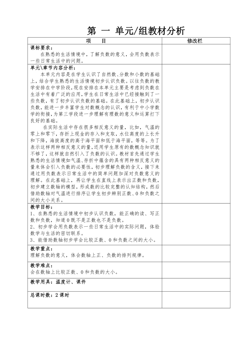 2017年人教版六年级下《第一单元负数》单元教案（表格式）