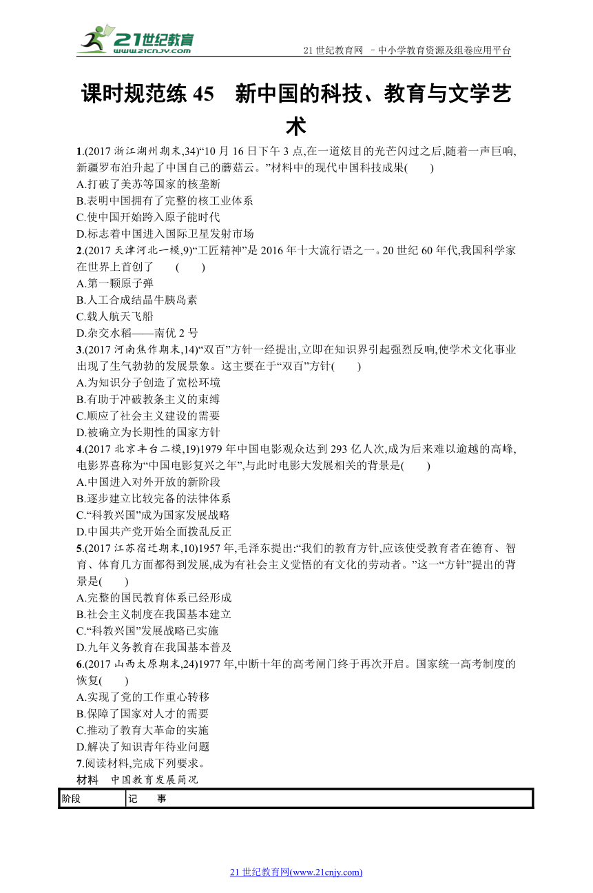 2019历史岳麓版一轮课时规范练45 新中国的科技、教育与文学艺术