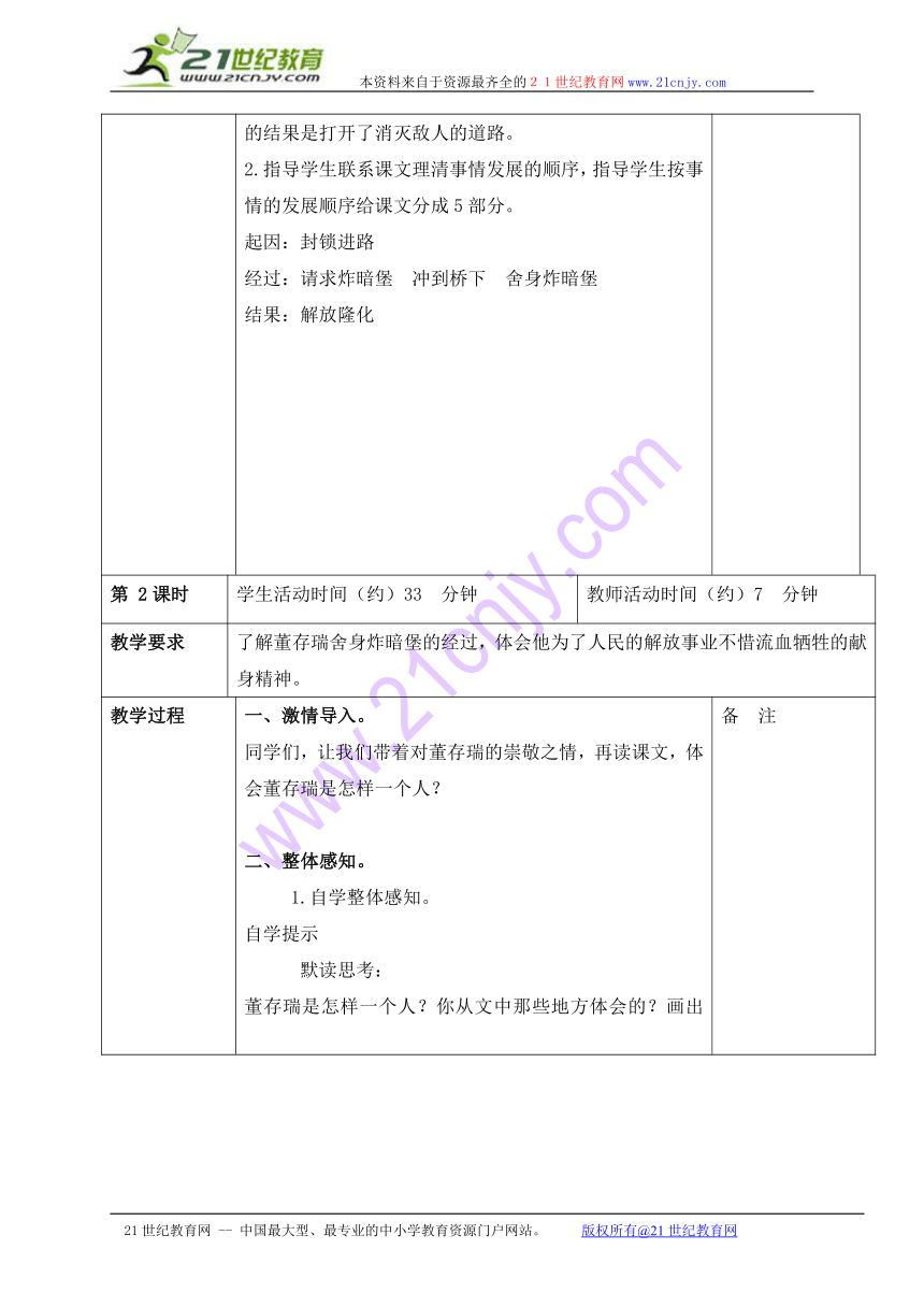 五年级语文上册教案 董存瑞舍身炸暗堡 4（北京版）