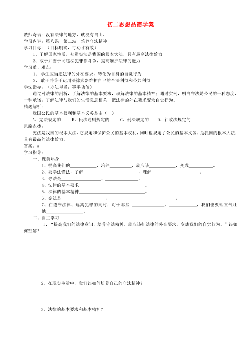 第8课 做个守法公民 培养守法精神 学案 2