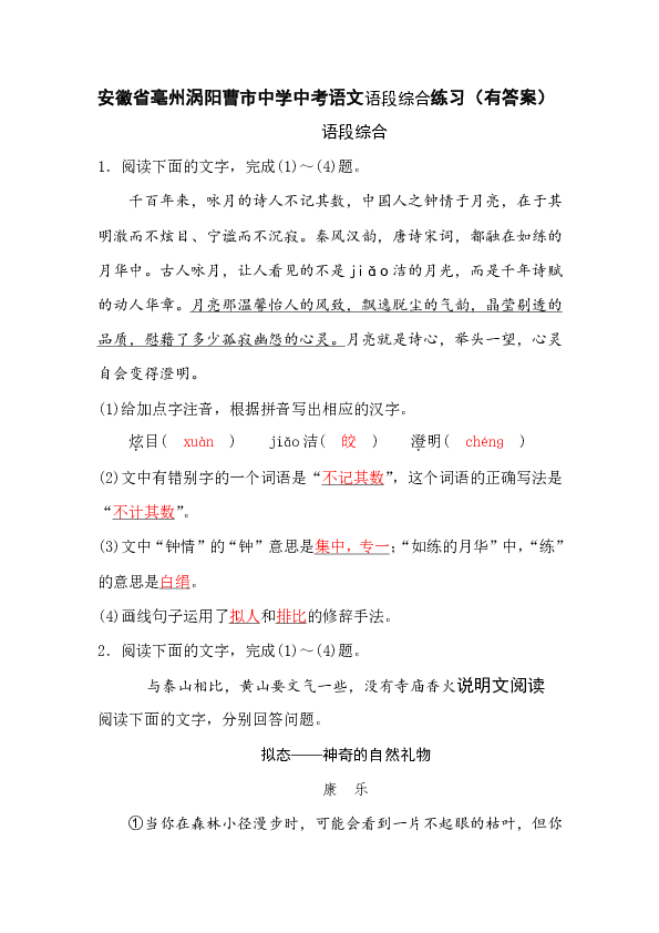 安徽省亳州涡阳曹市中学中考语文语段综合练习（有答案）