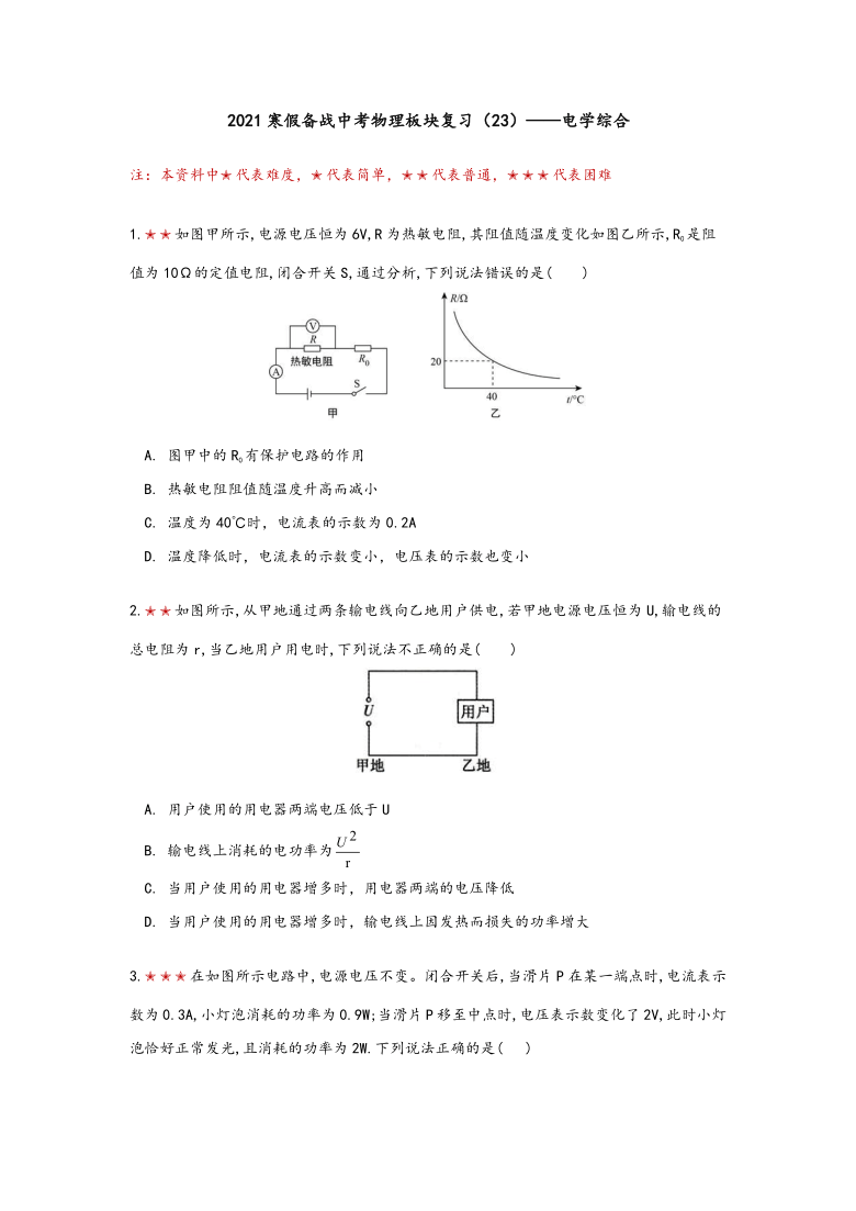 2021年寒假备战中考物理板块复习（23）——电学综合（无答案）