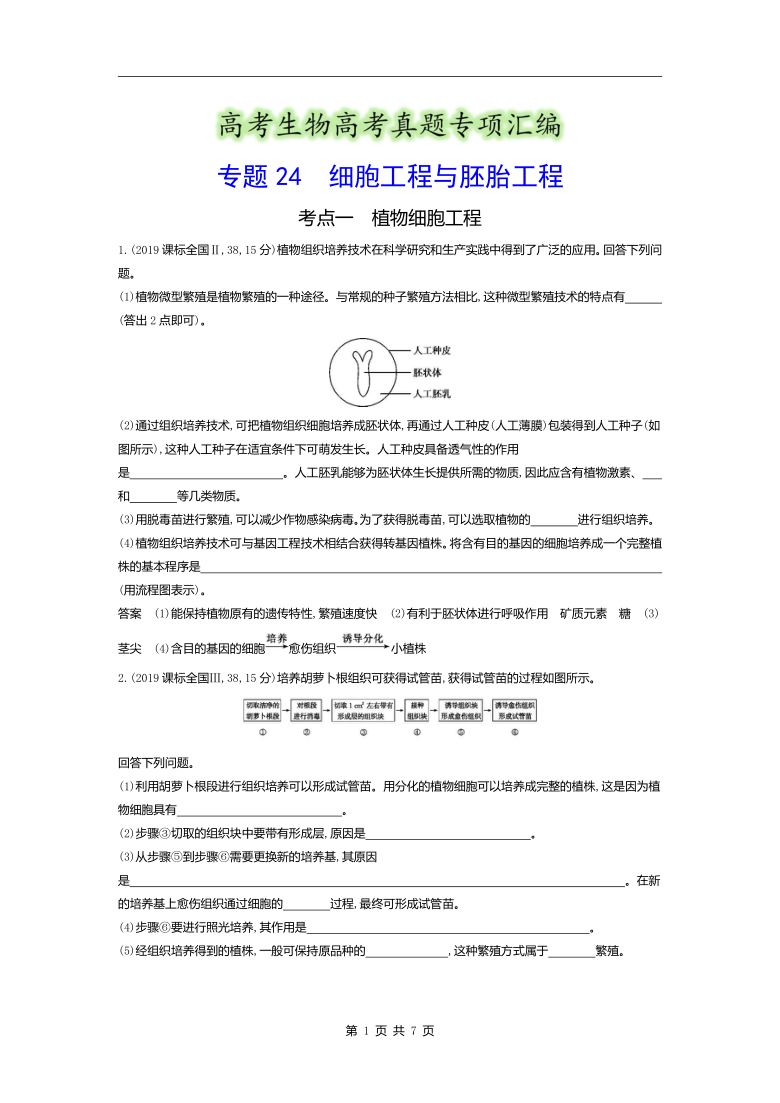 生物高考真题专项汇编：专题24细胞工程与胚胎工程(含答案）