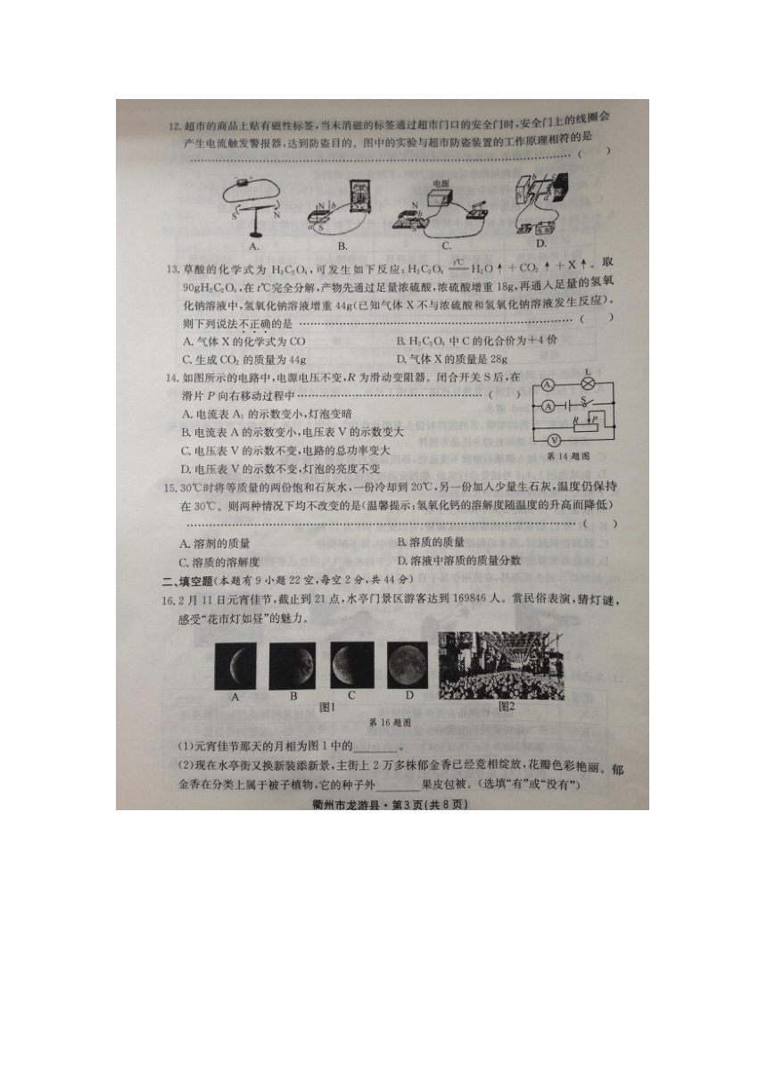 衢州市龙游县2017年初中毕业生学业评价适应性考试（图片版+答案）