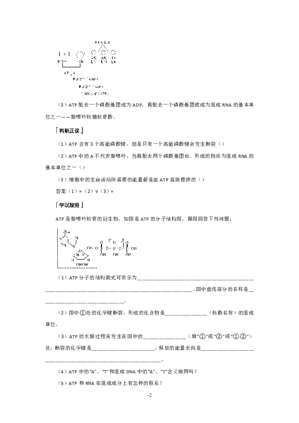 人教版高中生物必修一学案：第5章细胞的能量供应和利用第2节