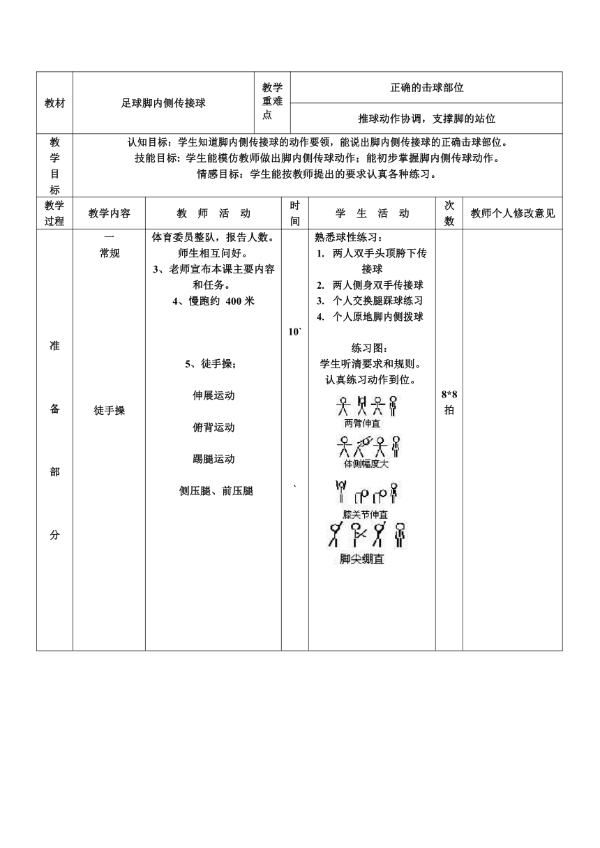 通用版体育六年级下册足球脚内侧传接球教案表格式