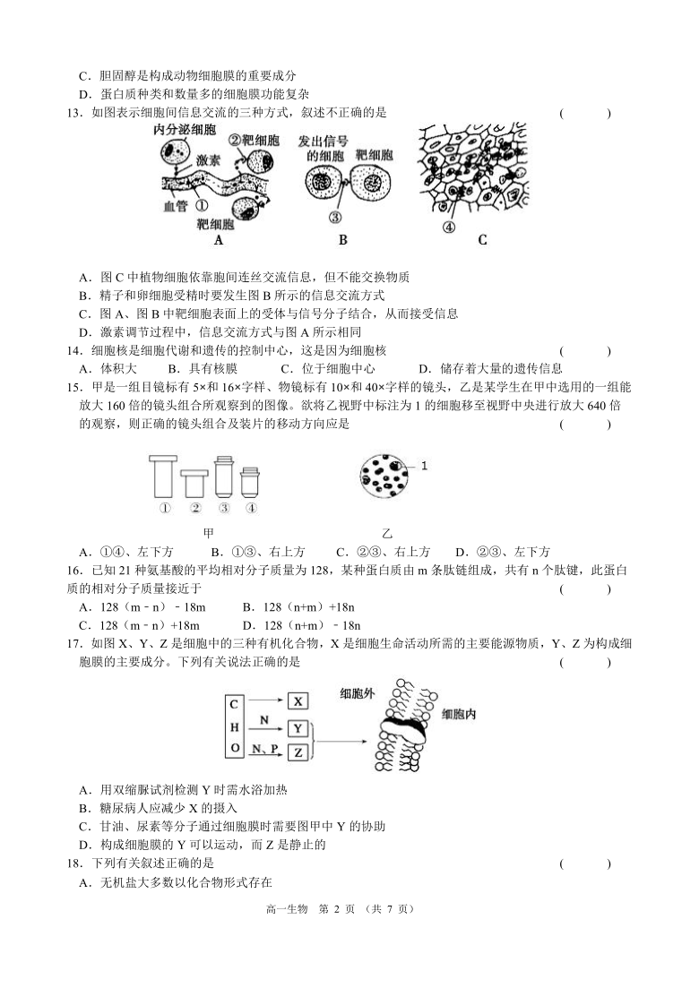 江苏省南菁高级中学2020-2021学年高一上学期期中考试生物试题 Word版含答案